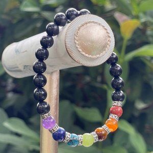 8mm Black Onyx 7 Chakra Gemstone Bead Bracelet